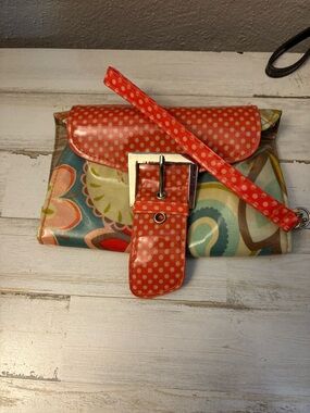 Coral Polka Dot Floral Wristlet Clutch with Removable Strap